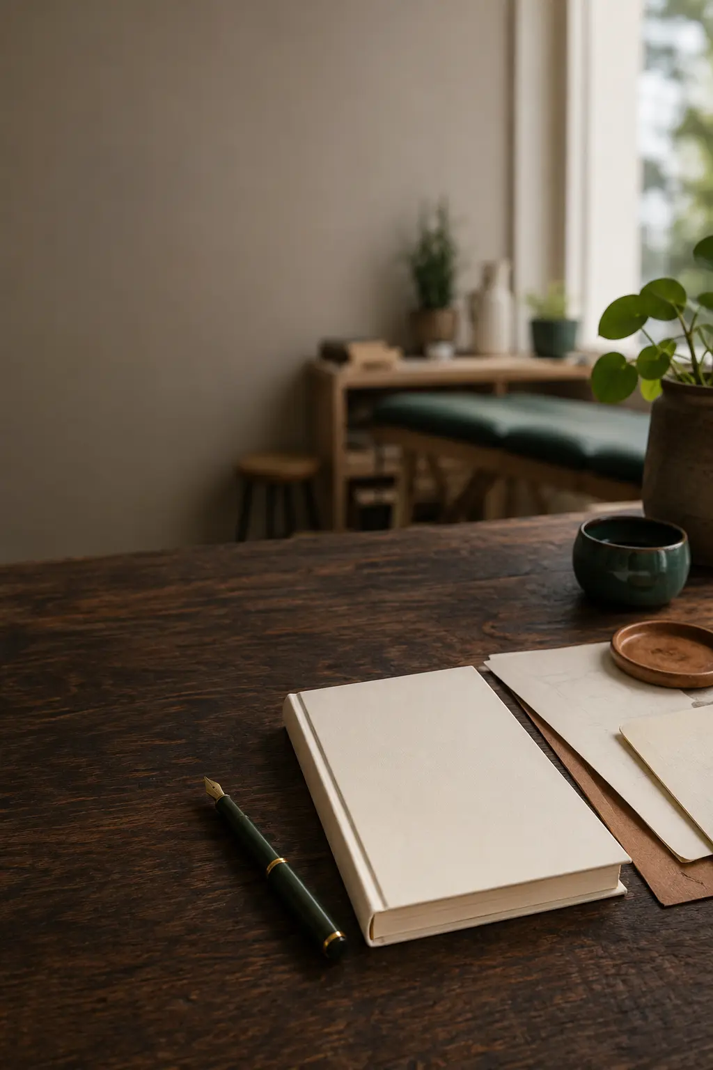 Libro chiuso color avorio su un tavolo in legno in uno studio osteopatico